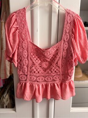 Aiden Coral Pink Crochet Peplum Crop Top
